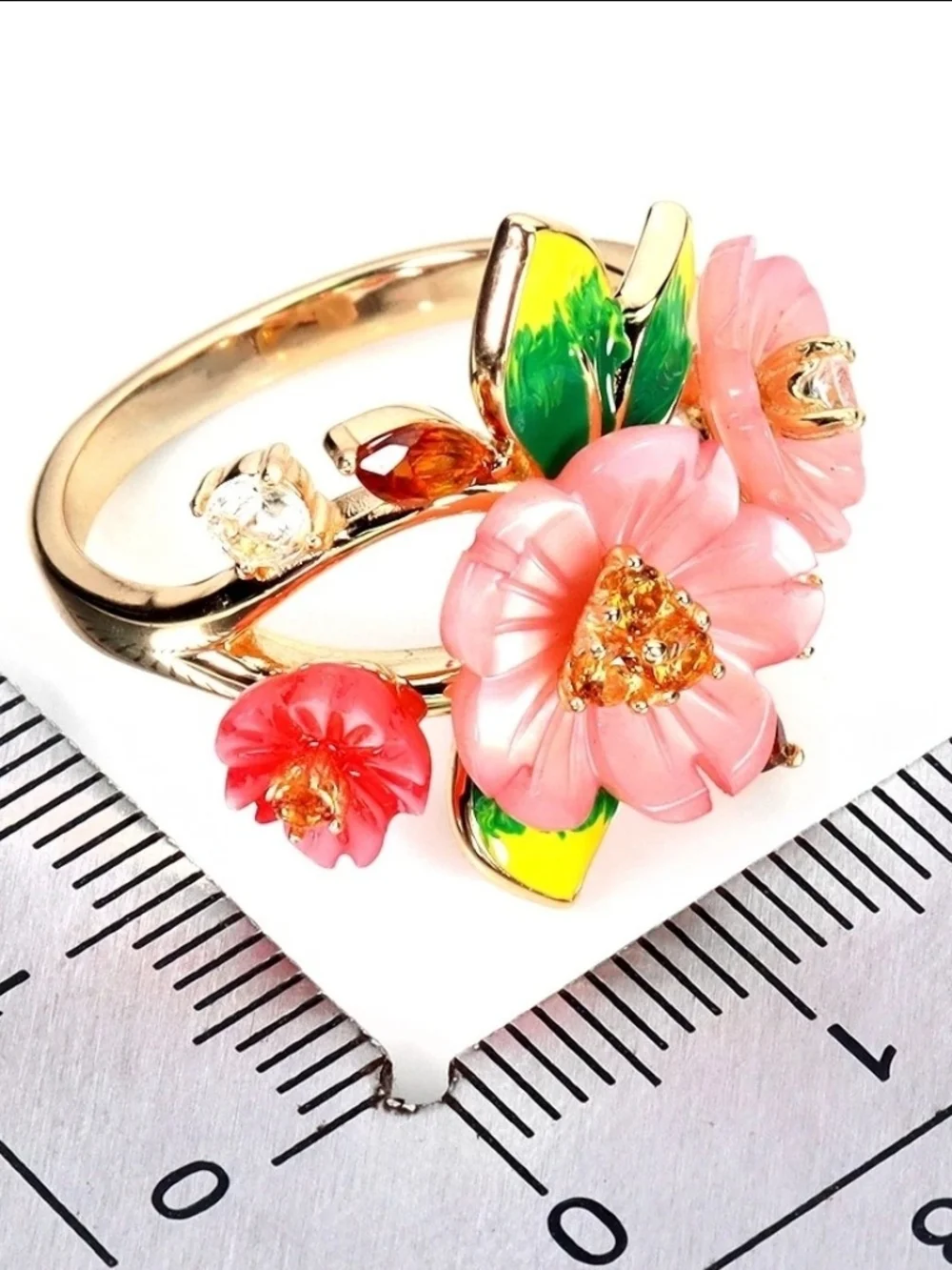 Pink Mother of Pearl Citrine White Sapphire Enamel Floral Ring Size 8.5